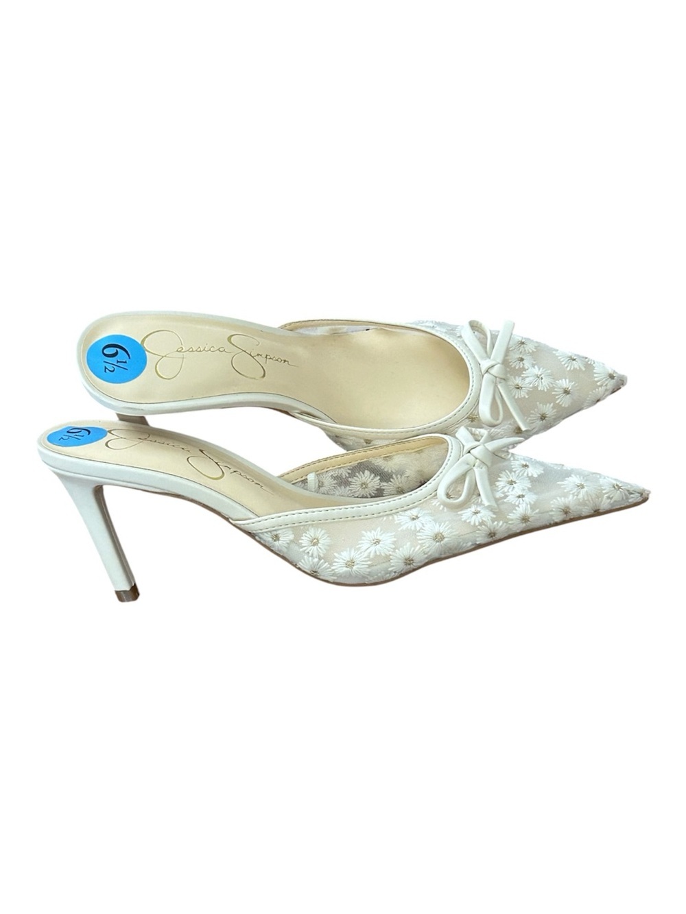 Jessica Simpson Ivory Daisy Embroidered Mesh Bow Mule Heels Coquette Bridal 6.5